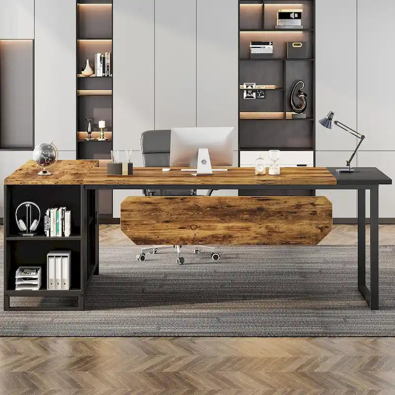 Grand bureau d'angle en L avec armoire de rangement et étagères