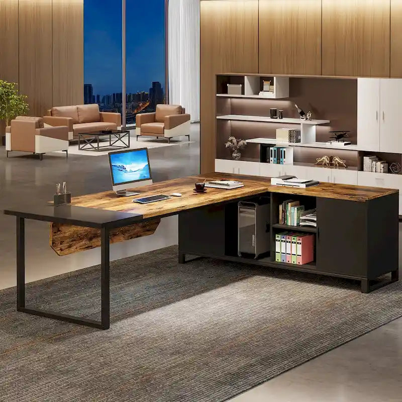 Grand bureau d'angle en L avec armoire de rangement et étagères