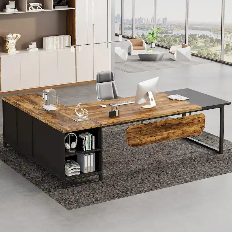 Grand bureau d'angle en L avec armoire de rangement et étagères