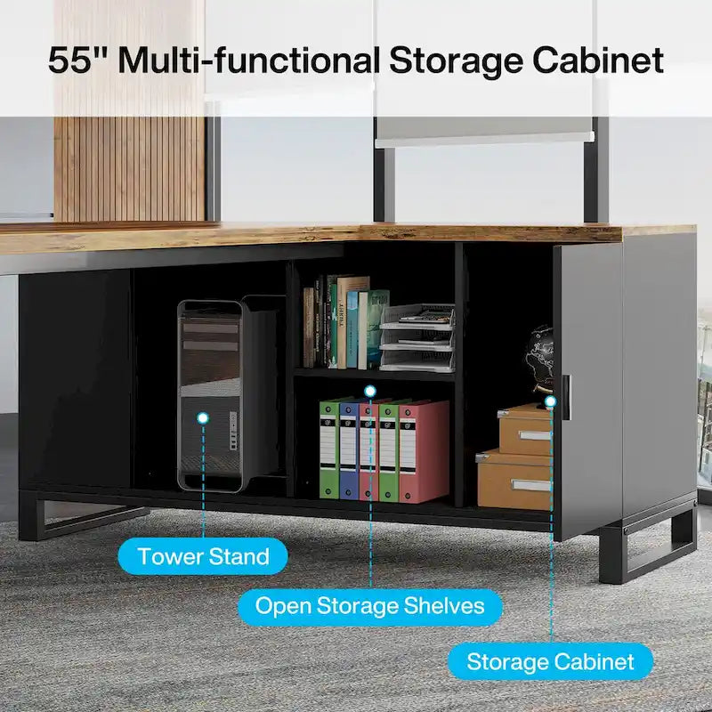 Grand bureau d'angle en L avec armoire de rangement et étagères