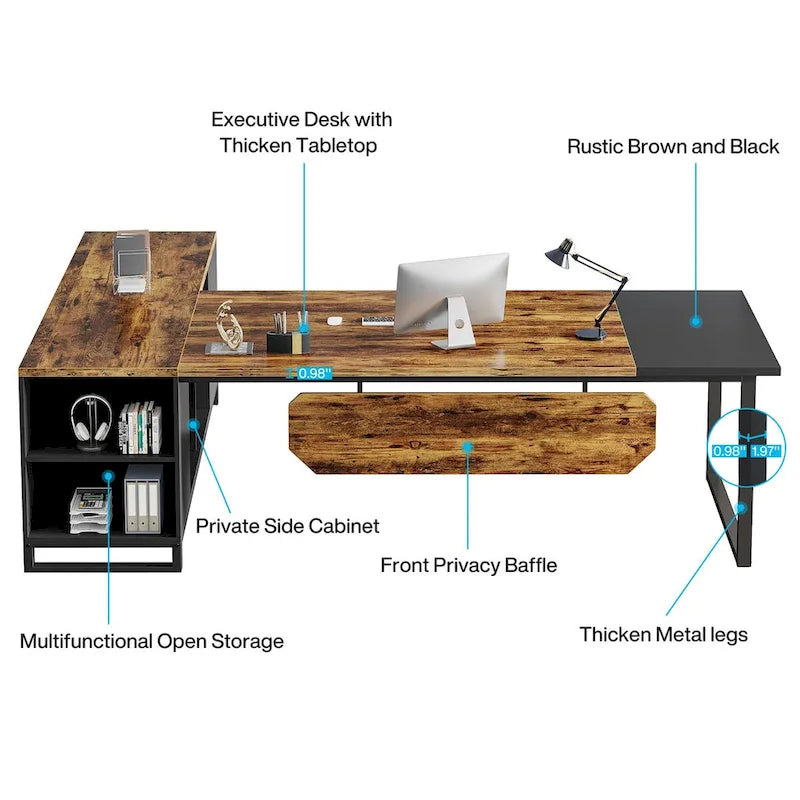 Grand bureau d'angle en L avec armoire de rangement et étagères