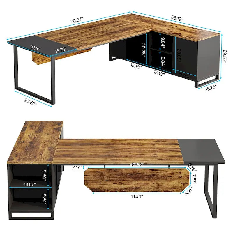 Grand bureau d'angle en L avec armoire de rangement et étagères