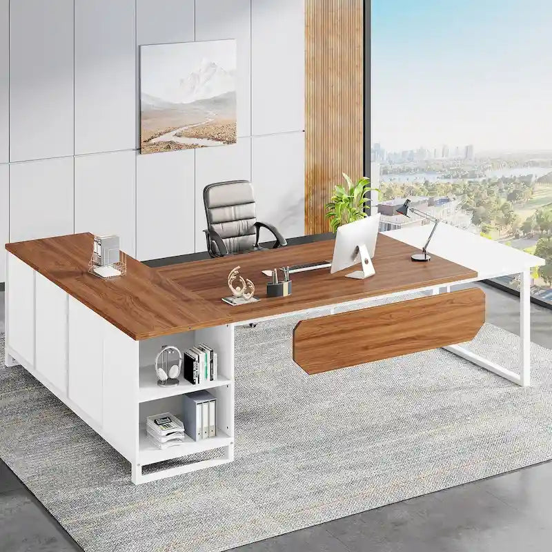 Grand bureau d'angle en L avec armoire de rangement et étagères