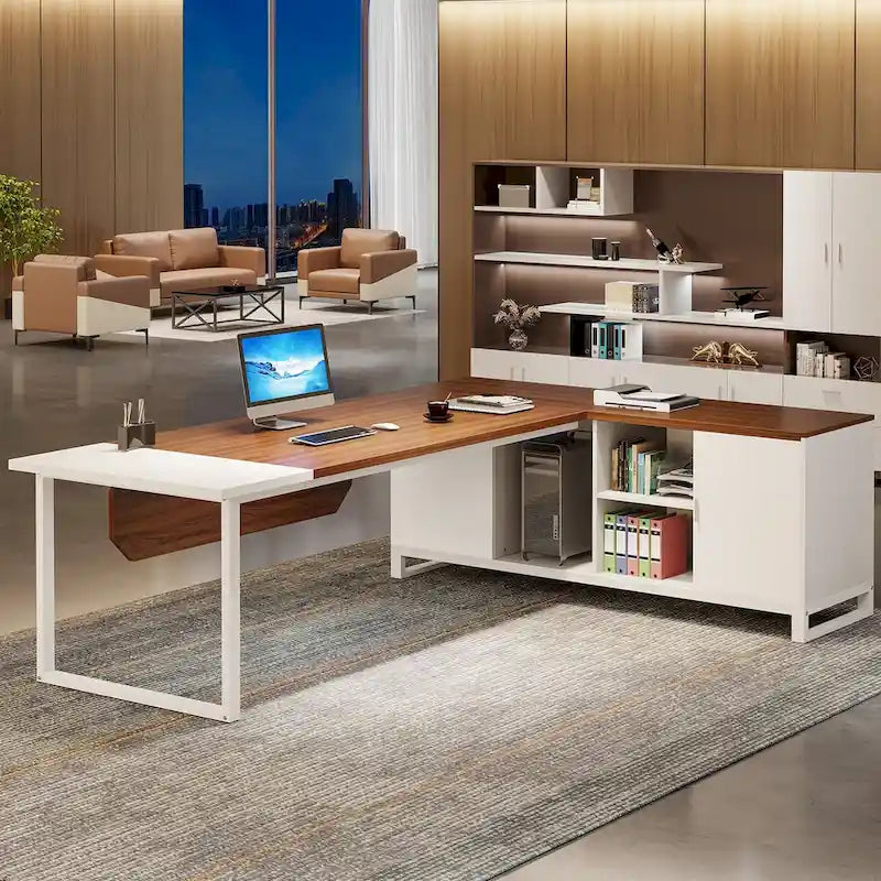 Grand bureau d'angle en L avec armoire de rangement et étagères