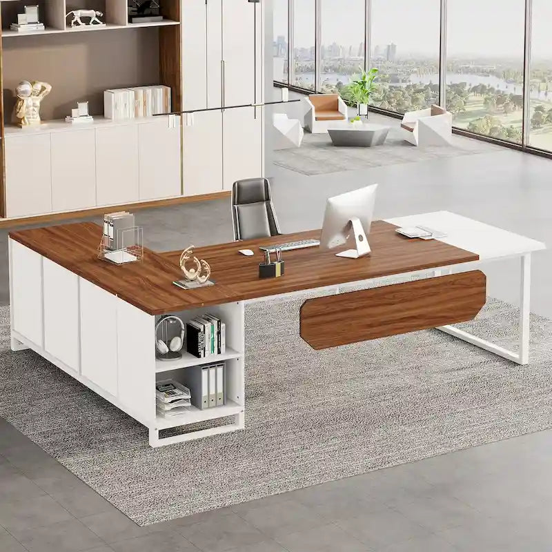 Grand bureau d'angle en L avec armoire de rangement et étagères