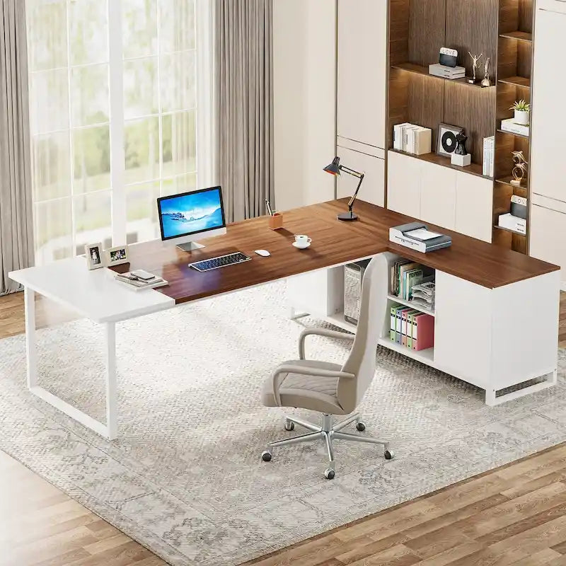 Grand bureau d'angle en L avec armoire de rangement et étagères