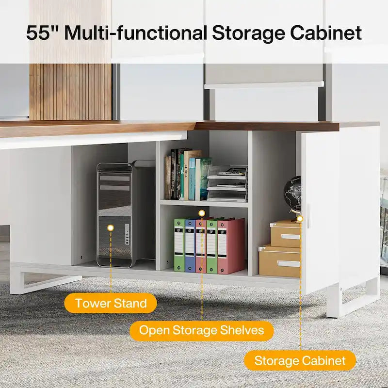 Grand bureau d'angle en L avec armoire de rangement et étagères