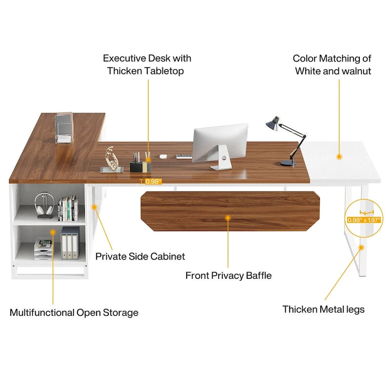 Grand bureau d'angle en L avec armoire de rangement et étagères