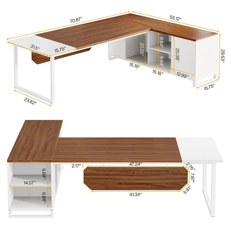 Grand bureau d'angle en L avec armoire de rangement et étagères