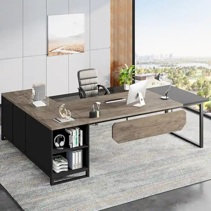 Grand bureau d'angle en L avec armoire de rangement et étagères