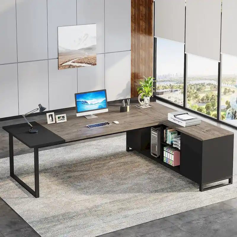 Grand bureau d'angle en L avec armoire de rangement et étagères