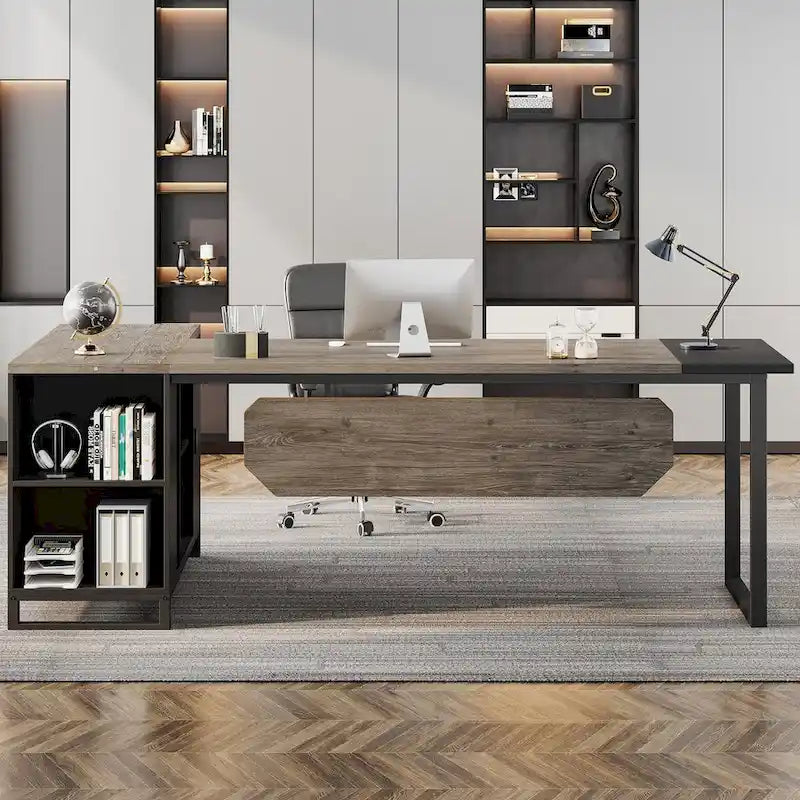Grand bureau d'angle en L avec armoire de rangement et étagères