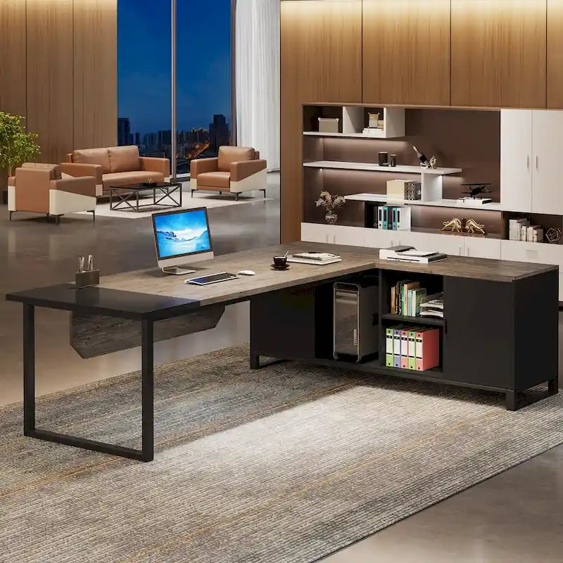 Grand bureau d'angle en L avec armoire de rangement et étagères