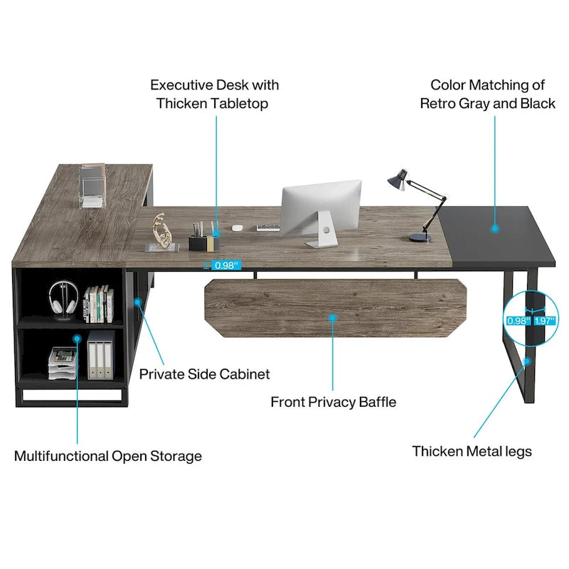 Grand bureau d'angle en L avec armoire de rangement et étagères