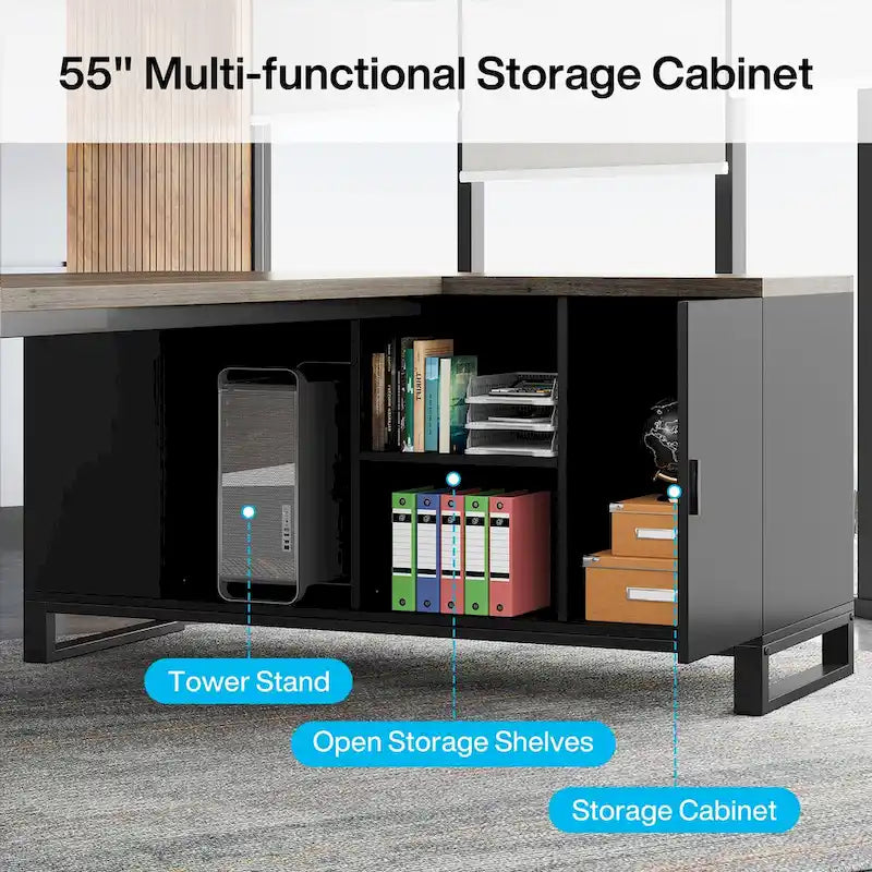 Grand bureau d'angle en L avec armoire de rangement et étagères