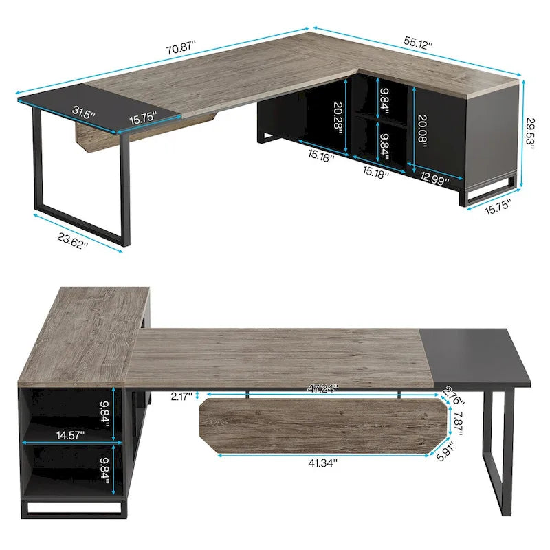 Grand bureau d'angle en L avec armoire de rangement et étagères
