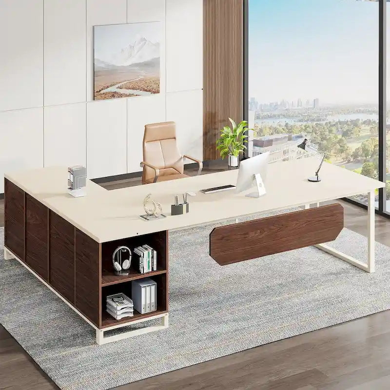 Grand bureau d'angle en L avec armoire de rangement et étagères