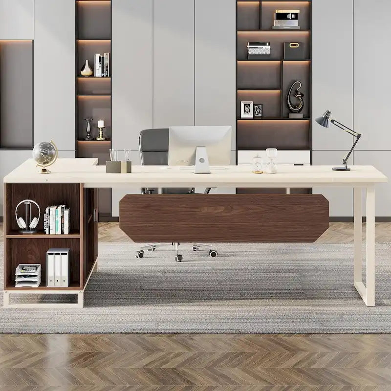 Grand bureau d'angle en L avec armoire de rangement et étagères