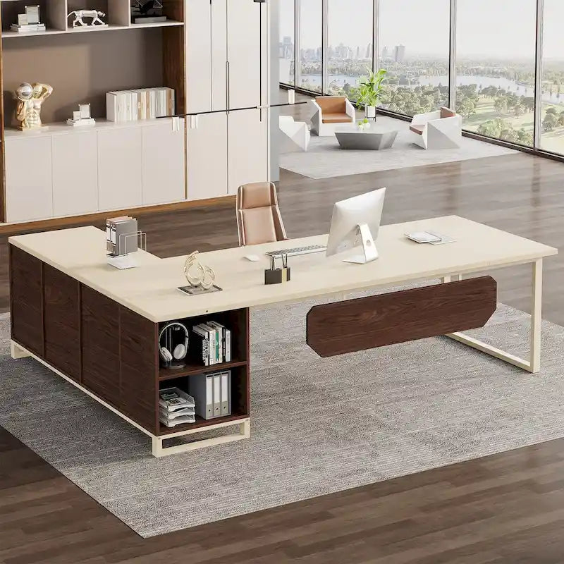 Grand bureau d'angle en L avec armoire de rangement et étagères