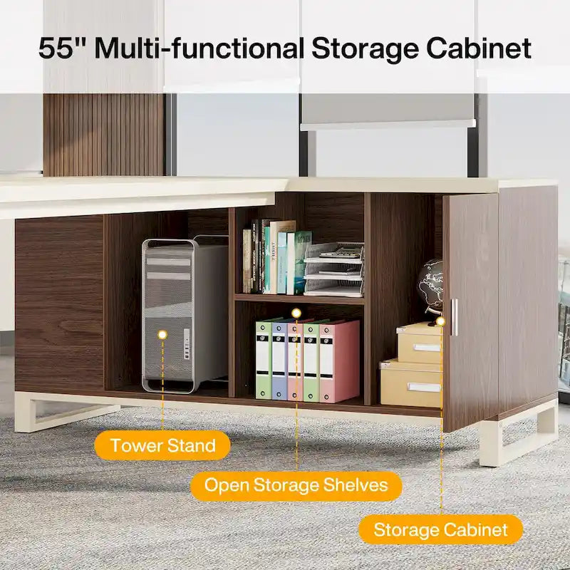 Grand bureau d'angle en L avec armoire de rangement et étagères