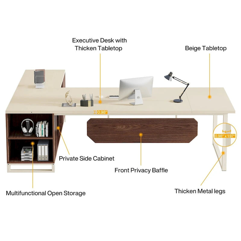 Grand bureau d'angle en L avec armoire de rangement et étagères