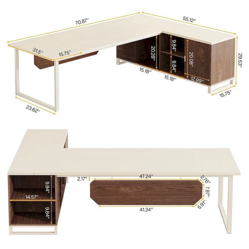 Grand bureau d'angle en L avec armoire de rangement et étagères