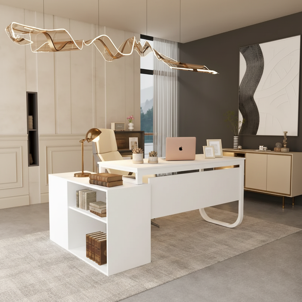 Bureau informatique en L de 55" - Station de travail avec rangement
